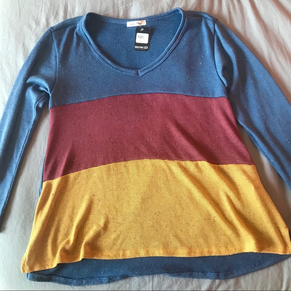 Lemon tree blue, red & yellow striped long sleeve v-neck sweater